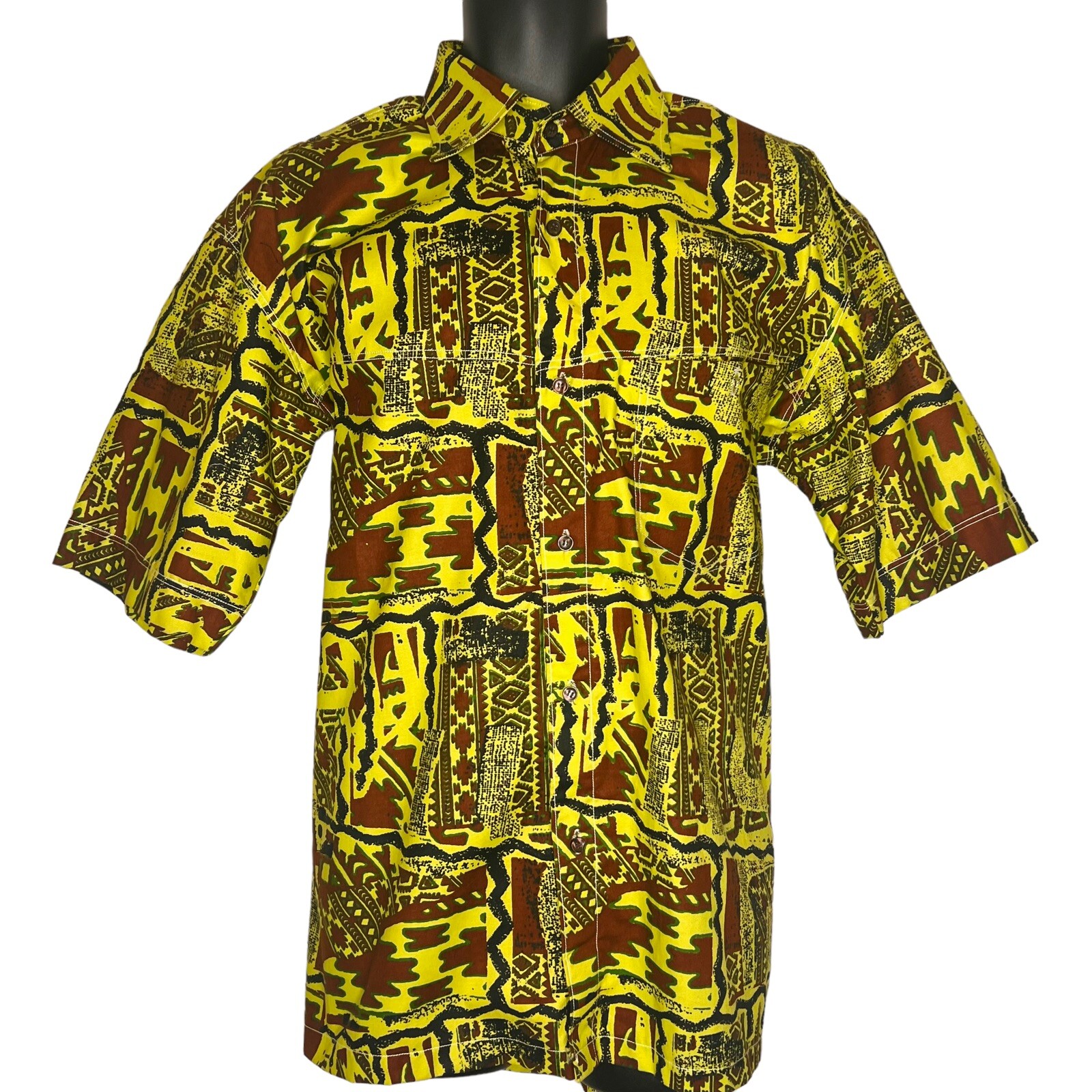 Lime Green And Brown Tribal Print Men Collar Shirts