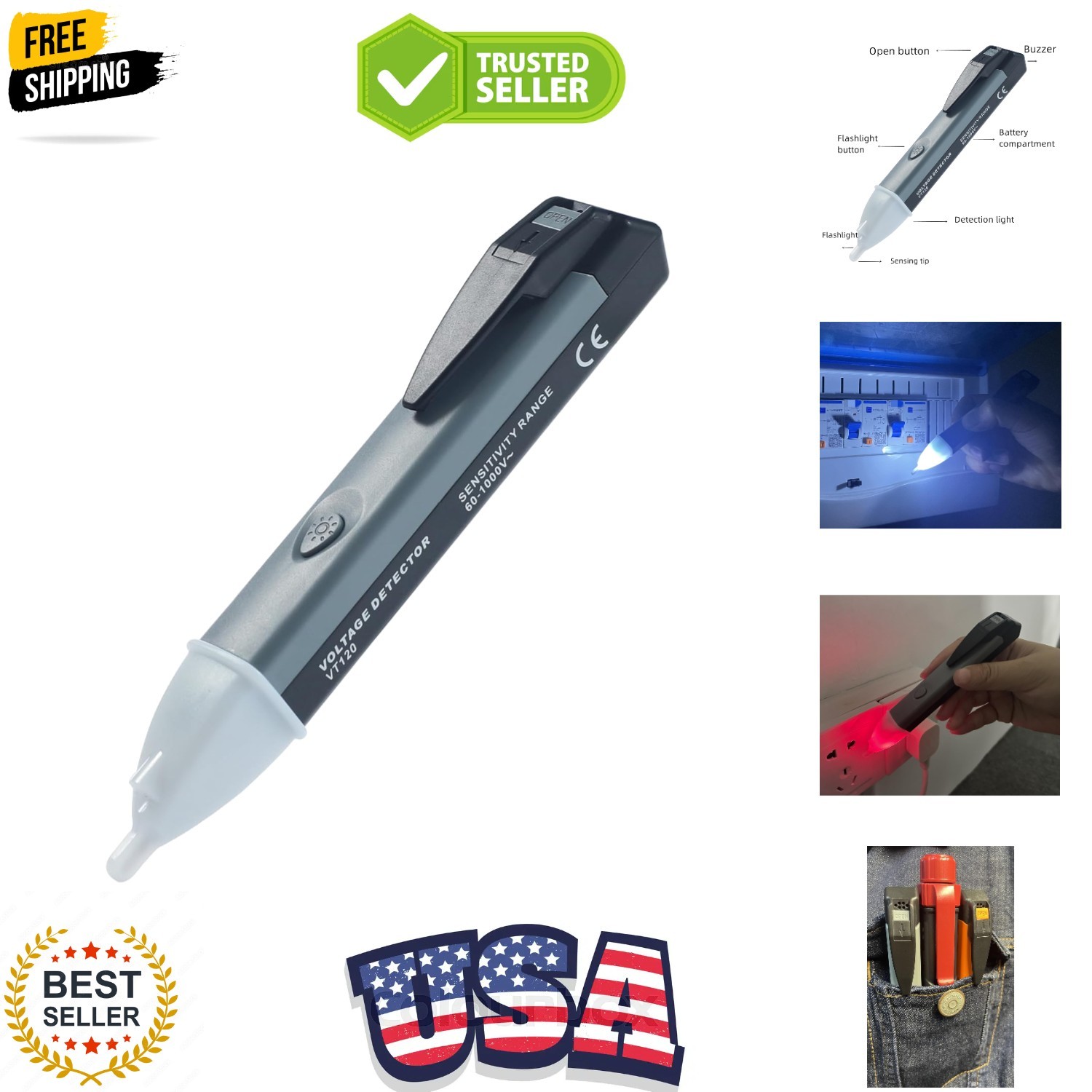 Non-Contact Voltage Tester Tools,LED Flashlight,Buzzer Alarm,AC Voltage Detec...