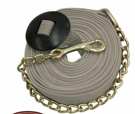 English or Western Horse 25' Flat Cotton web Lunge Line w/Brass Chain + Snap TAN