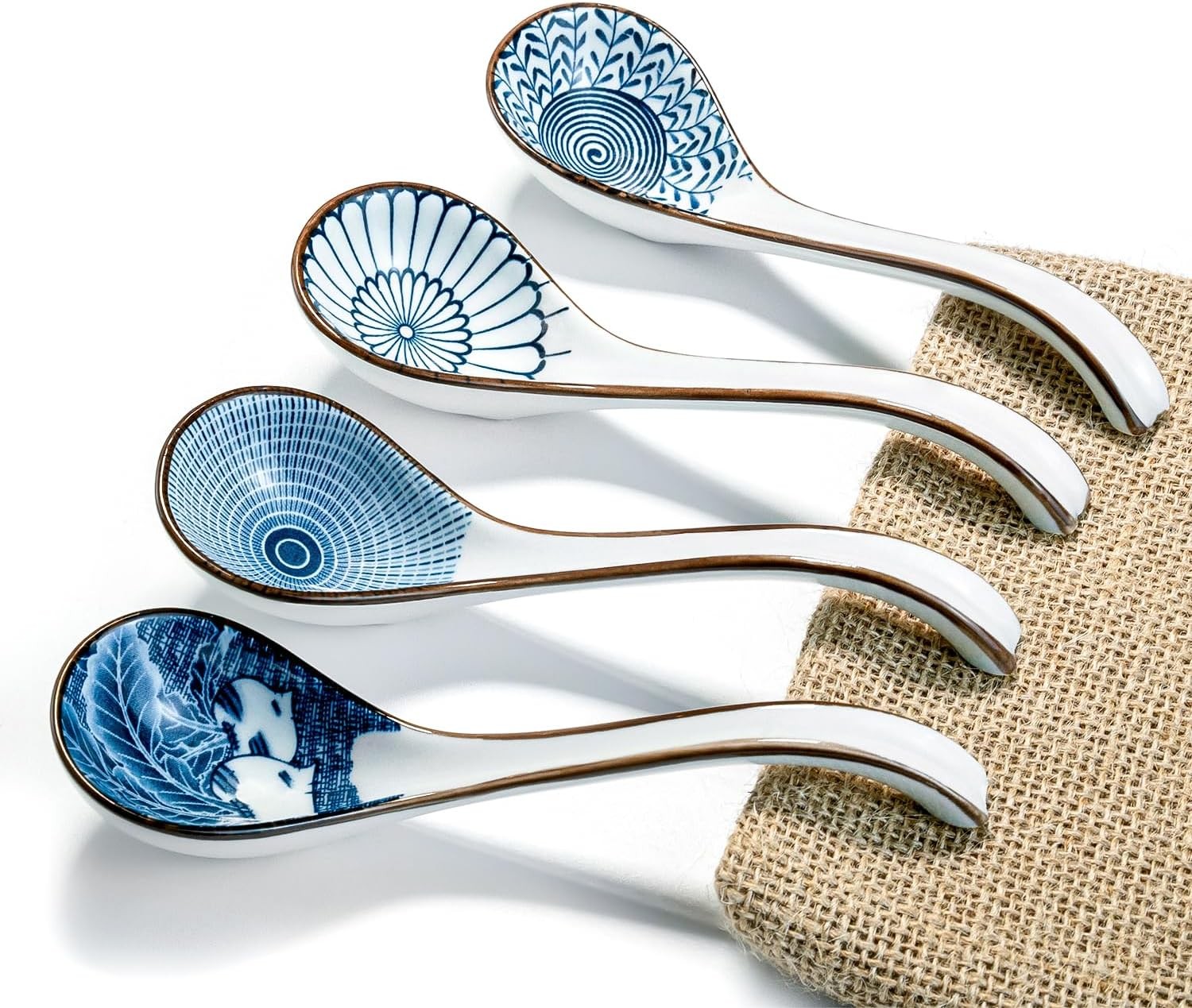 Asian Ceramic Soup Spoon, with Long Handle Easy to Hold, Non-slip Bottom
