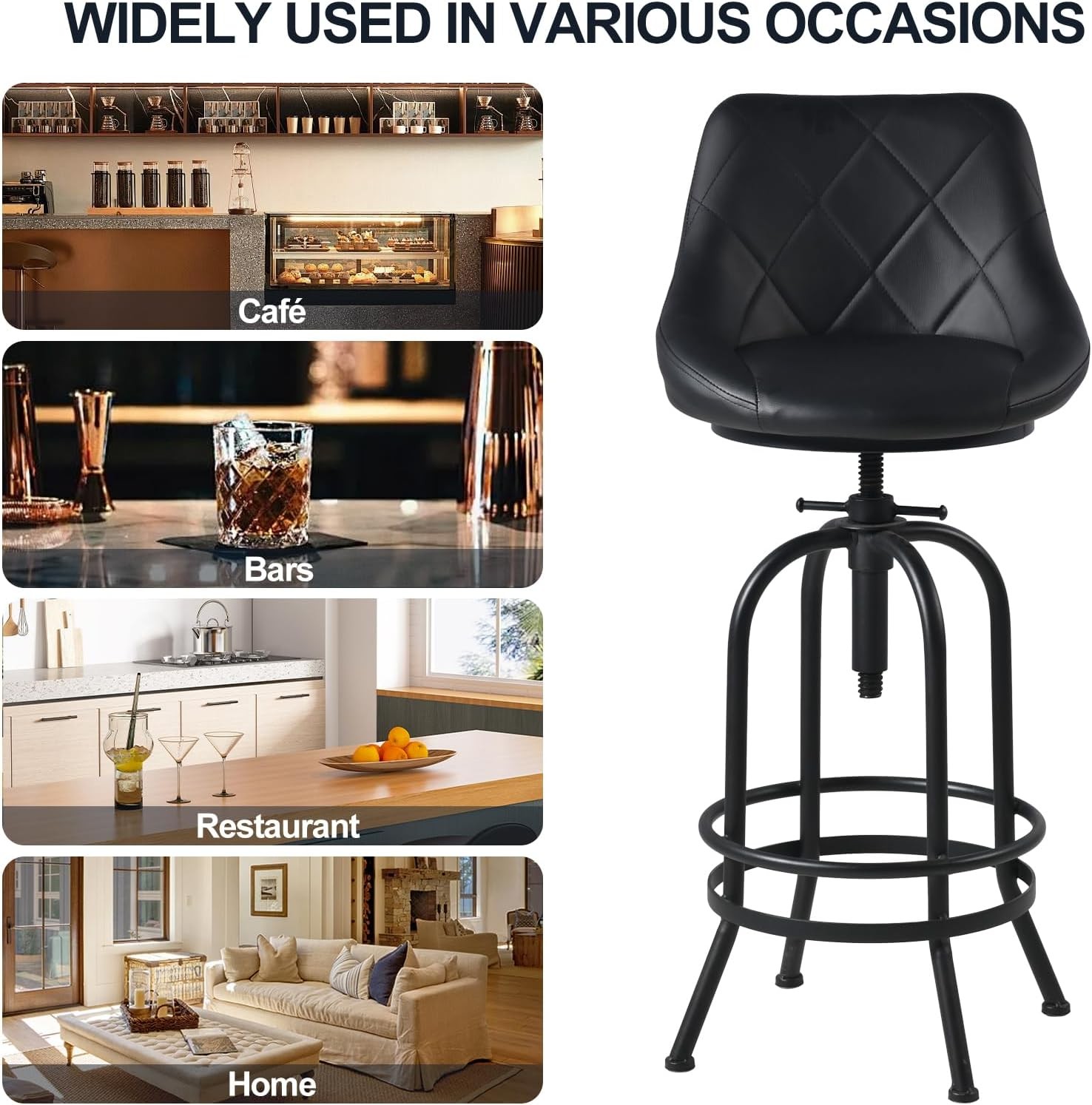 Industrial Bar Stool with Leather Backrest 26-32inch Height Adjustable Rustic