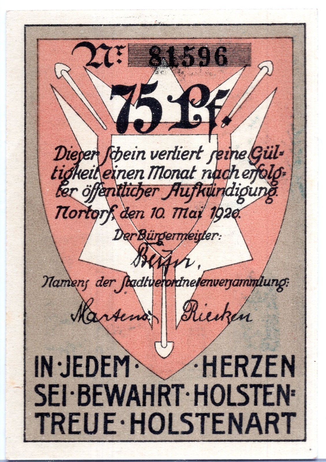 1920 Germany Nortorf Notgeld 75 Pfennig Note (NG82)