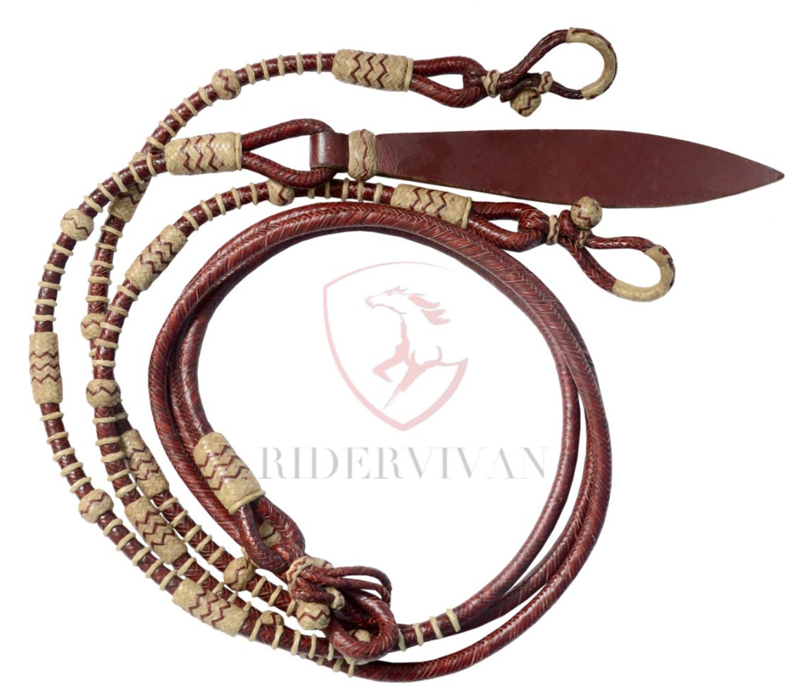 20 Plaits Romal Reins, Rommel Reins Chestnut Cherry Cow Rawhide, 48" Romal Reins
