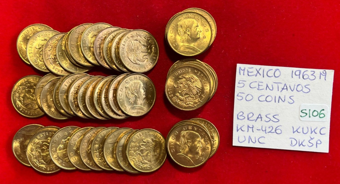 ##S106 Mexico 50 Coins from Mint Bag - 5 Centavos 1963 Mo KM#426 UNC