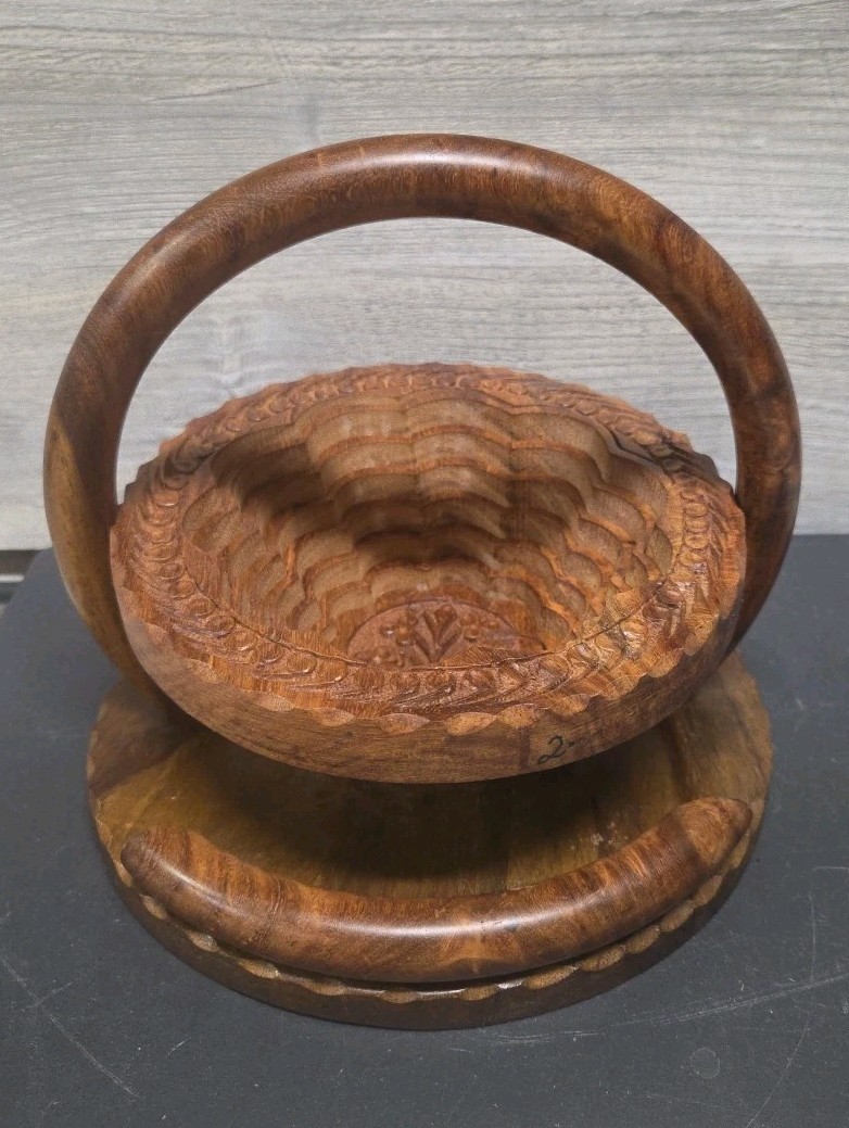 Collapsible Rosewood Folding Basket Bowl Trivet Hand Carved Tree StarGate D6