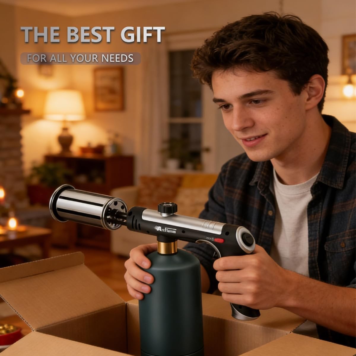 Propane Torch with One-Touch Max Fire, Safety Lock Adjustable, Cooking Blow T...