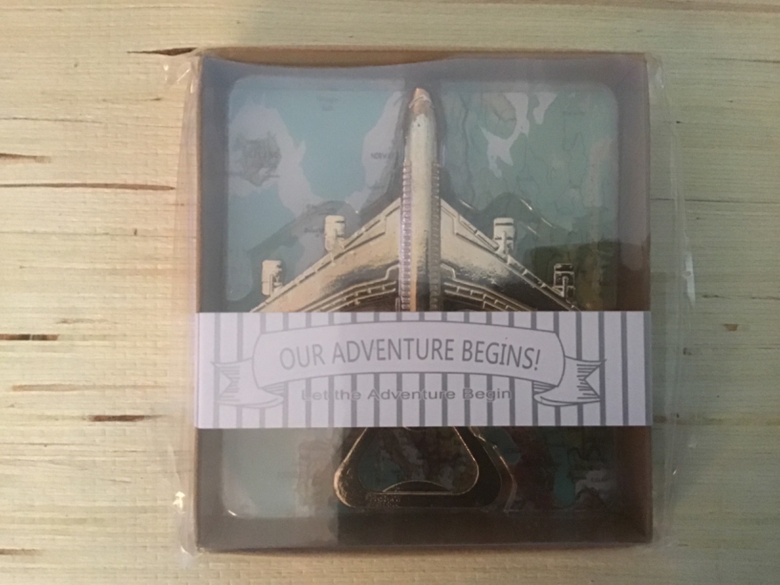 Our Adventure Begins Jet Airplane Bottle Opener Goldtone New In Box 4"x3.5"