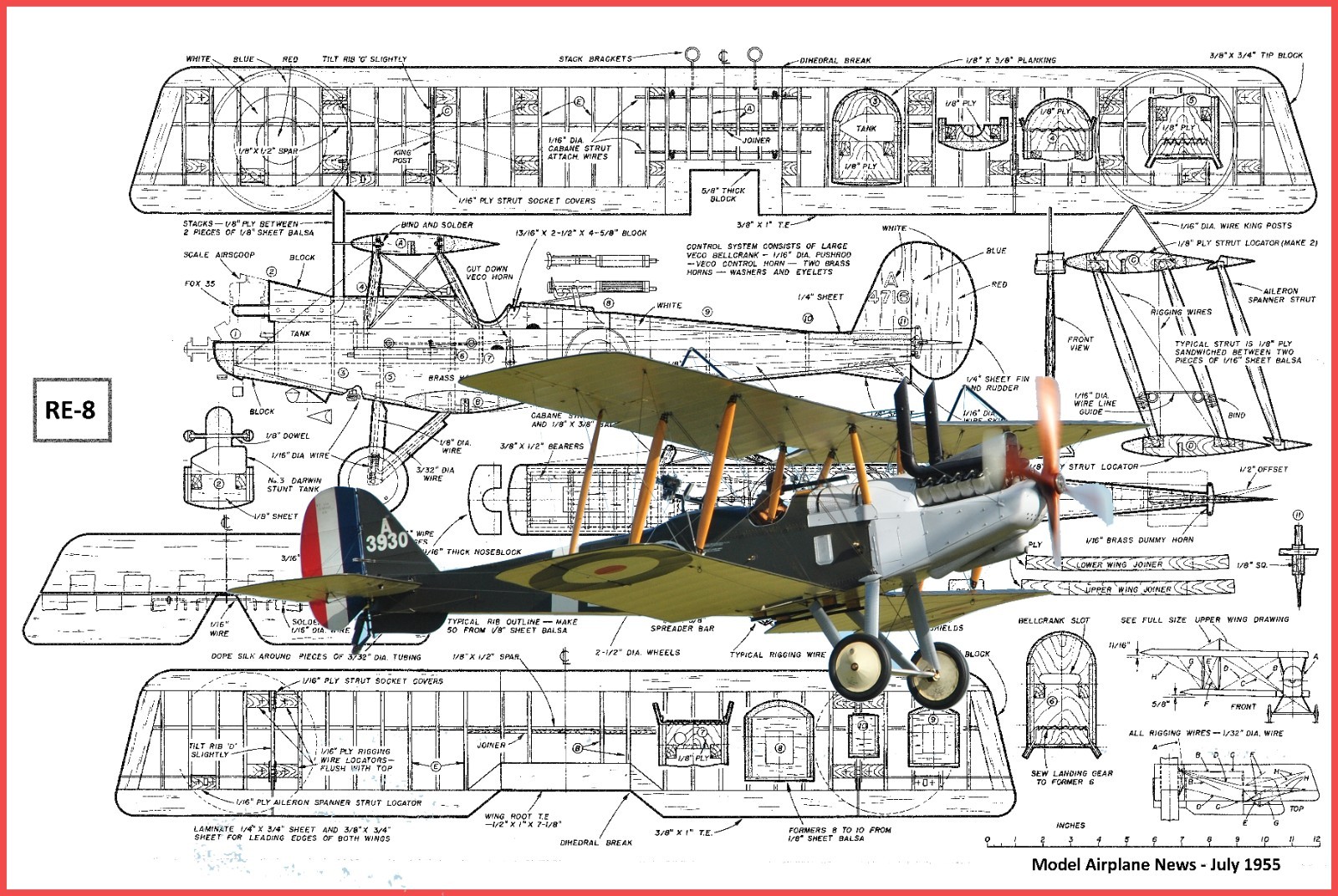 Model Airplane Plans (UC): RAF RE-8 1/12 Scale 43" Biplane for .29-.35 engines