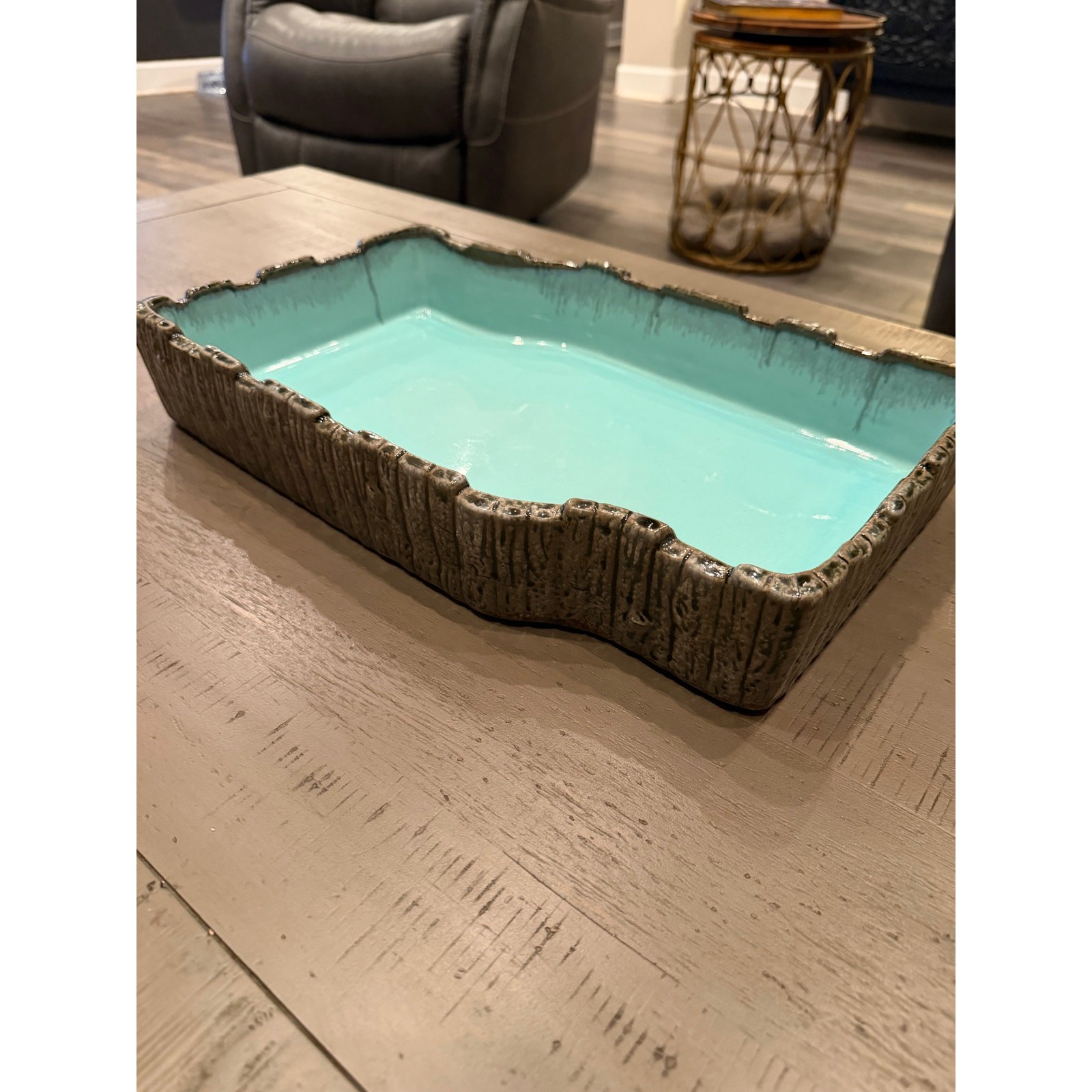 Large Mid Century Japanese Ikebana Suiban Pottery Tray Aqua Glaze