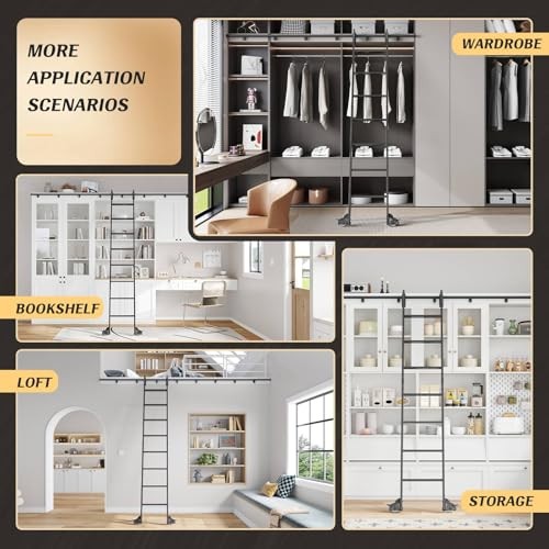 8ft Rolling Library Aluminium Step Ladder 96" with 96" Ladder + 4FT Hook Kit
