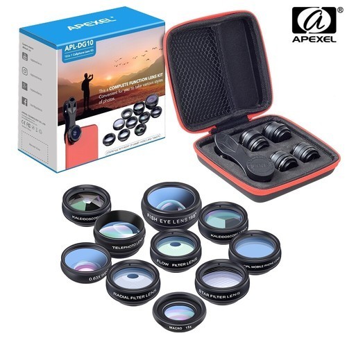 APEXEL 10in1 Phone Camera Lens Kit Fisheye WideAngle 2X Telescope Lens for Phone