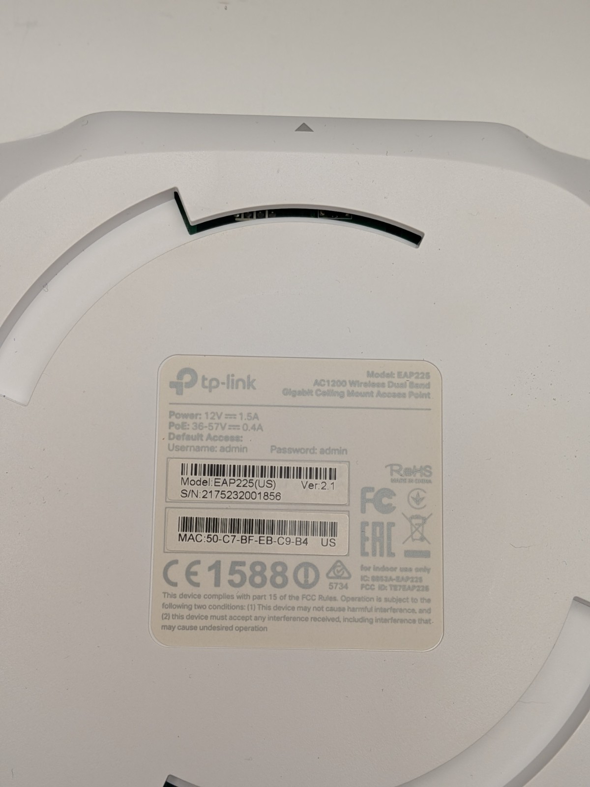 TP-Link AC1200 Wireless Dual Band EAP225(US) Gigabit Ceiling Mount Access Point