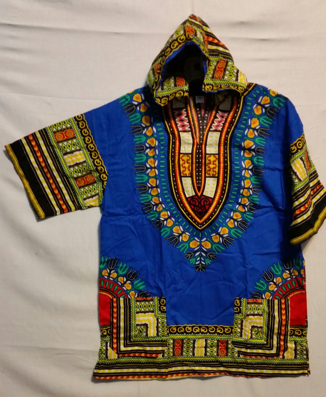 Men Women African Dashiki Hoodie Top W/ Hood Traditional Blue Yellow S M L
