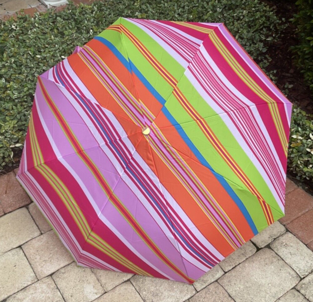 CHRISTIAN SIRIANO UMBRELLA  AUTO OPEN  PINK GREEN YELLOW BLUE STIPE 42 INCH NWT