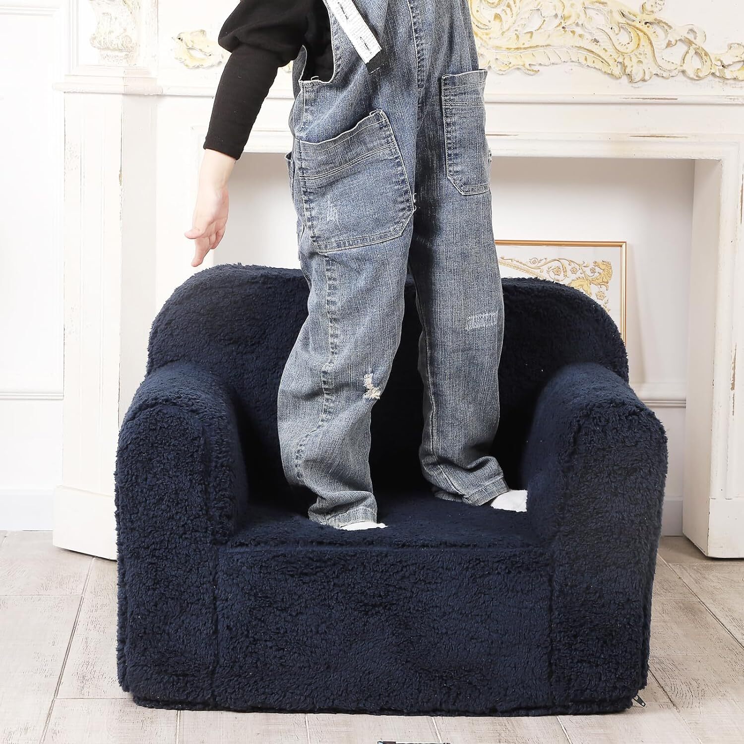 Kids Snuggly-Soft Sherpa Chair, Cuddly Toddler Foam Chair Dark Blue