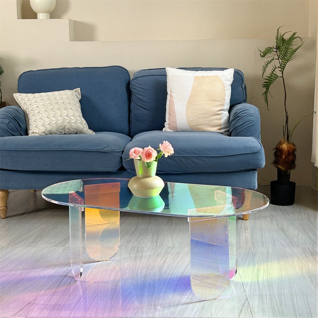 Modern Iridescent Acrylic Side Table Rainbow Acrylic Accent End Table w/ 4 Legs