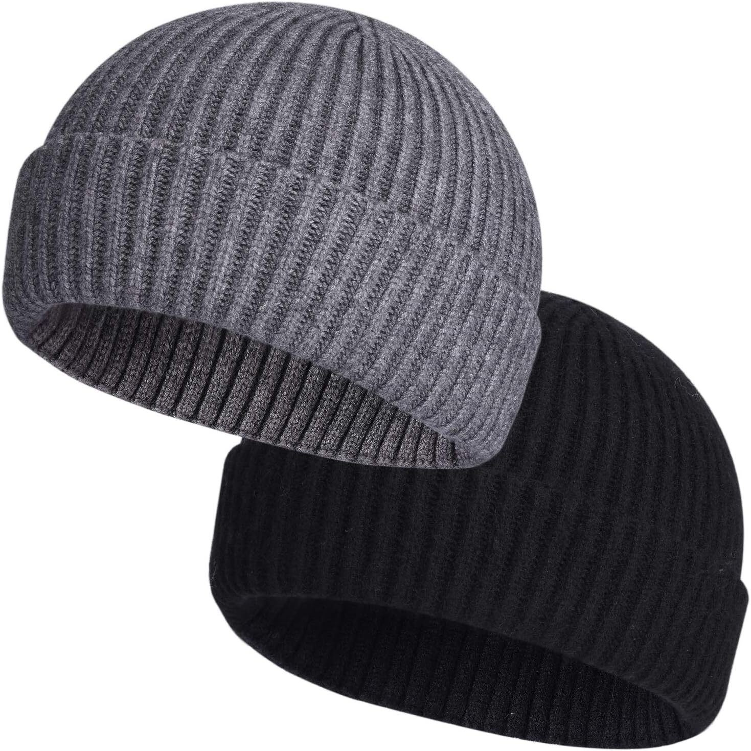 ROYBENS 2 Pack Wool Fisherman Beanies for Men, One Size, 2pcs Black+ Gray