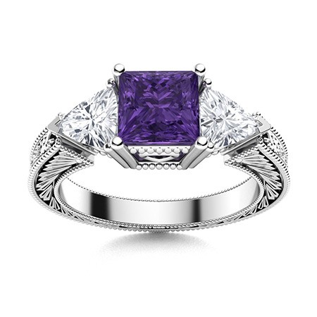 6mm Princess Cut Amethyst Vintage Three Stone Band Ring 925 Sterling Silver