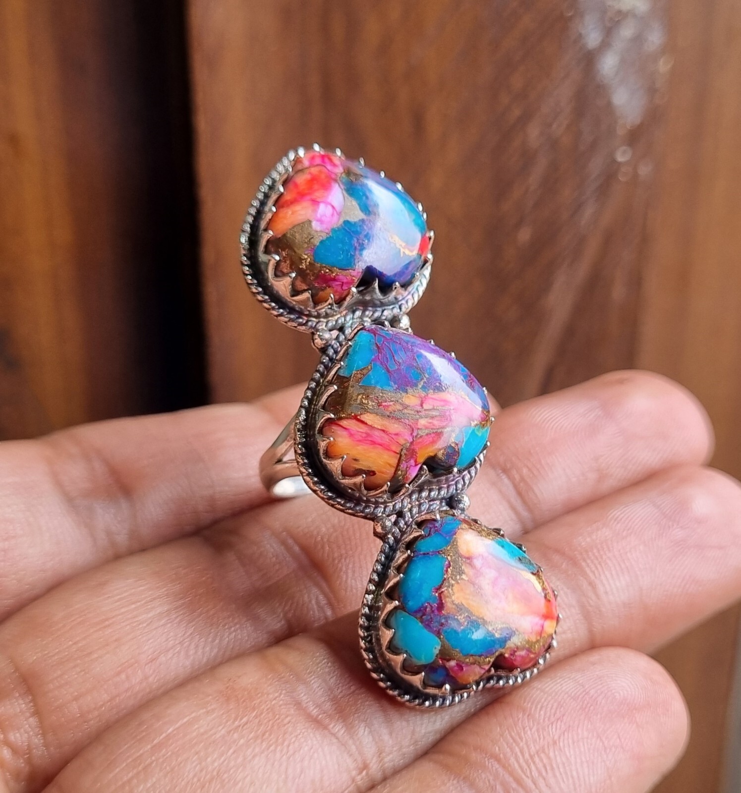 Pink Copper Turquoise Gemstone Ring 925 Sterling Silver Handmade Gift PG1358