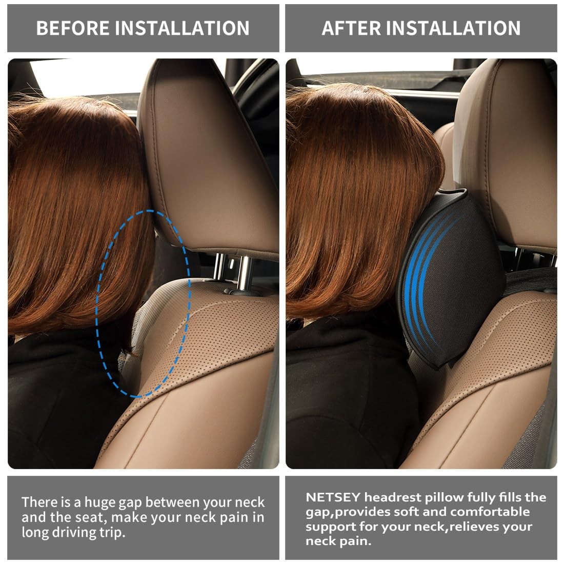 Car Headrest Pillow Soft Memory Foam Beige with Adjustable Strap - Neck Support