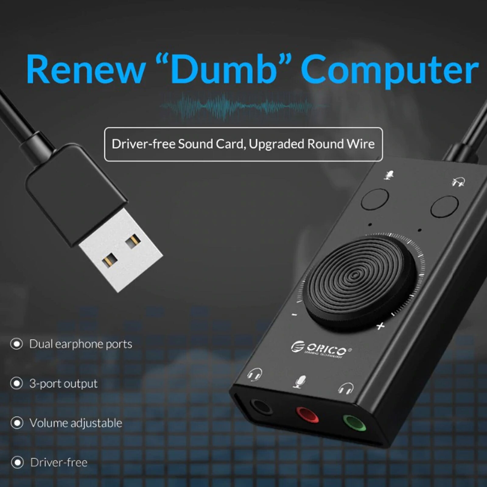 3Port USB Sound Card 7.1 Channel External Audio Adapter 3.5mm Stereo Headset Mic