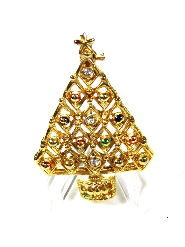 Goldtone Silvertone Clear rhinestones Christmas Tree Brooch Unbranded 82015