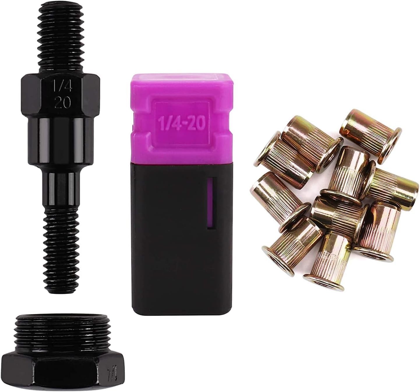 Rivet Nut Tool Mandrel 1/4-20 and 10 Nuts, SAE-1/4-20, Purple
