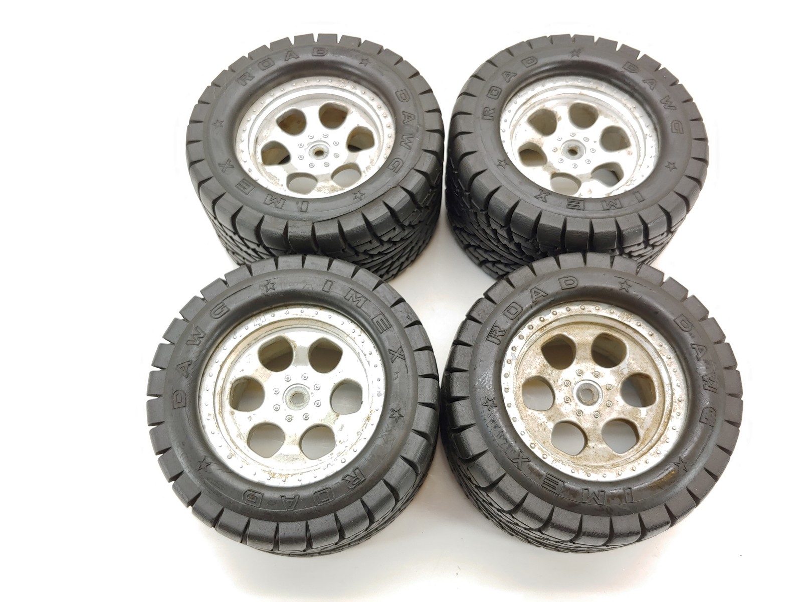 RARE: 4x IMEX ROAD DAWG Monster Truck Tires on 14mm Hex Wheels T-Maxx E-Maxx