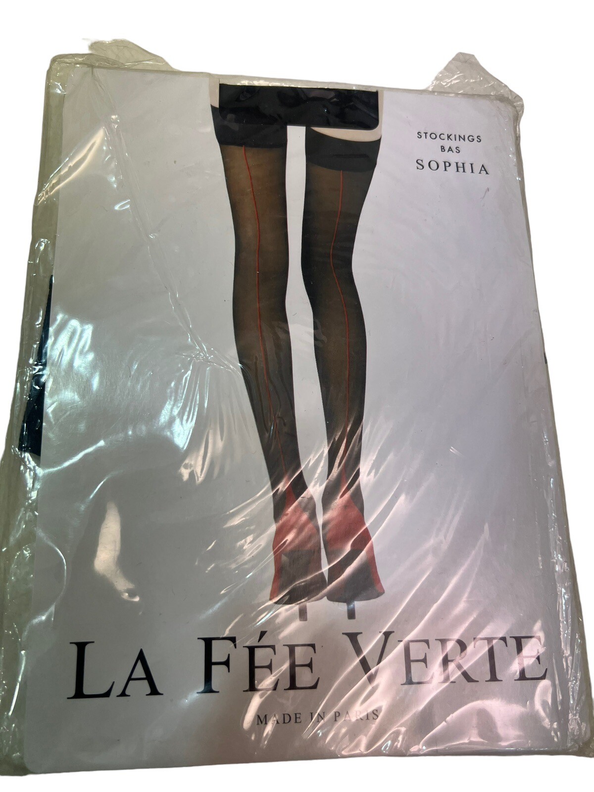 La Fee Verte Sophia black with red seams stockings 2 NWT