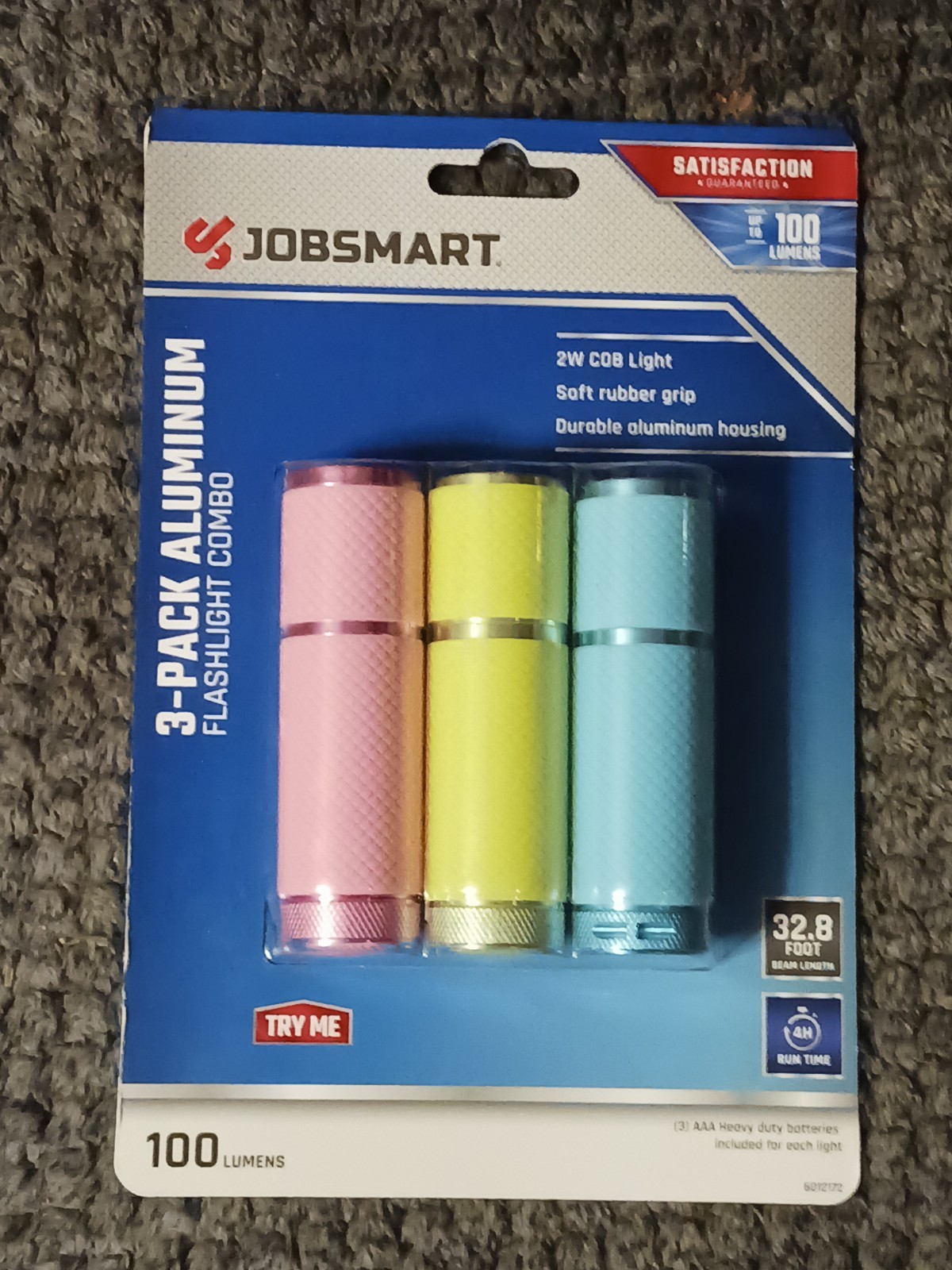 JobSmart Aluminum LED Flashlights 100 Lumens 3-Pack Multicolor Set Soft Grip 4hr
