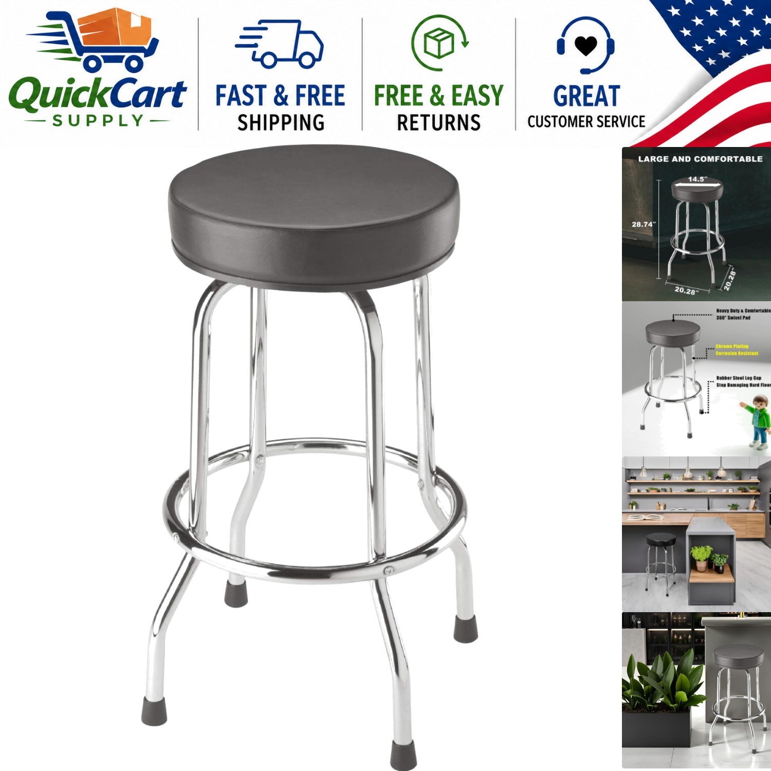 Durable 360° Swivel Bar Stool - Comfort Padded Black Seat & Chrome Finish
