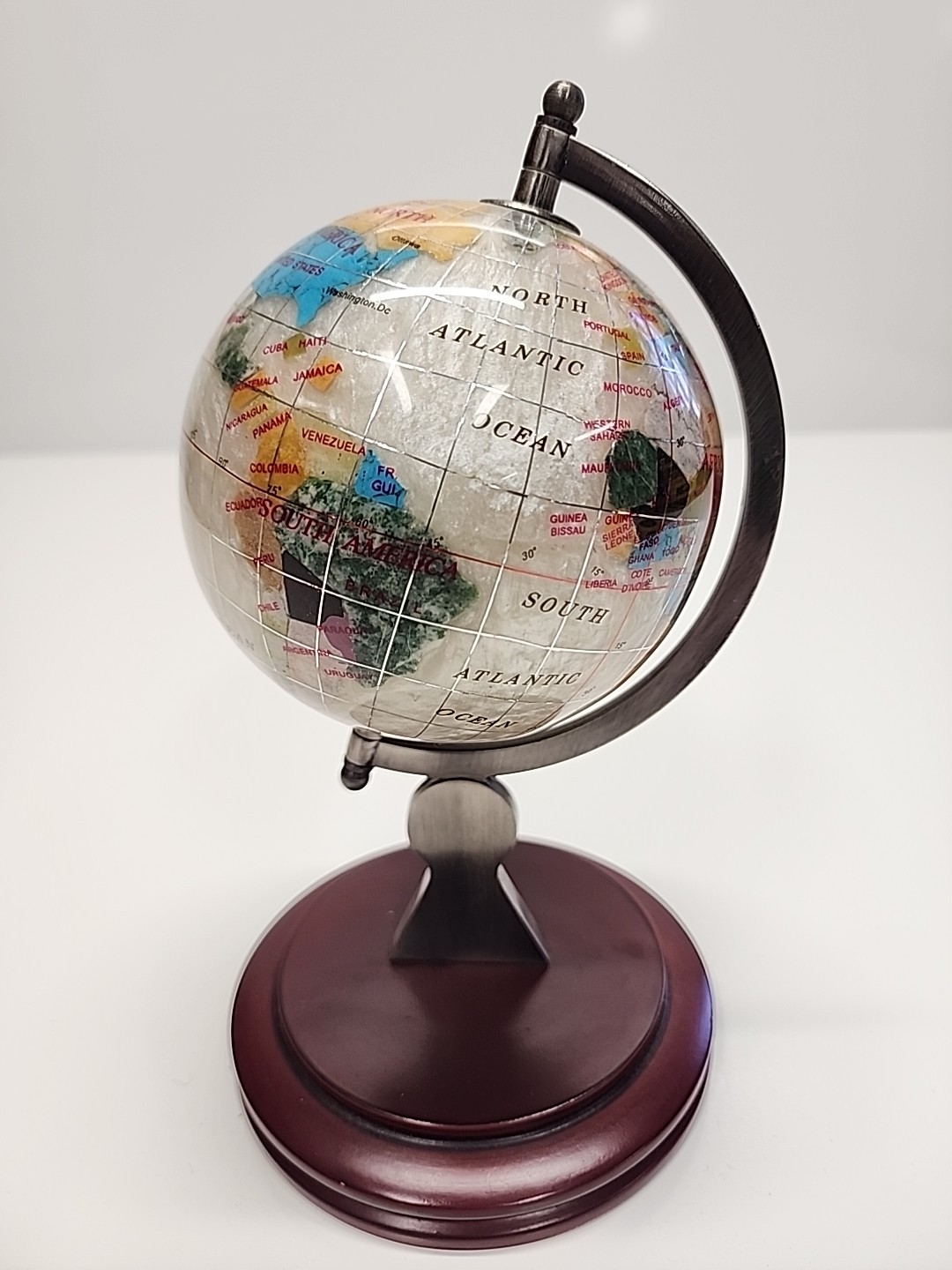 Earth Globe Paper Weight Mother Of Pearl & Semi-Precious Gemstone 9" Tall