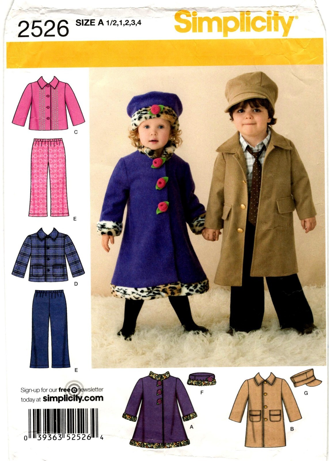 Simplicity 2526 Toddlers Coats Jacket Pants Hat Sewing Pattern Uncut 1/2-4