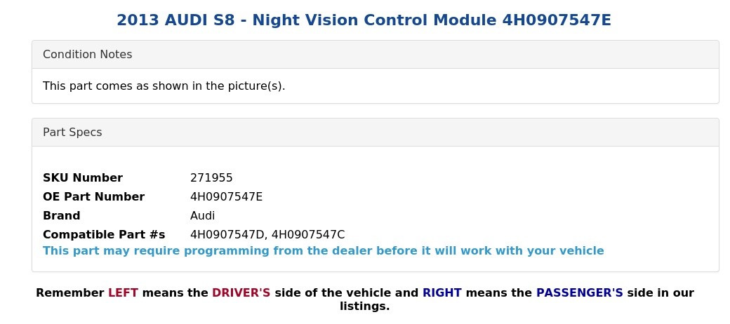 2013 AUDI S8 - Night Vision Control Module 4H0907547E