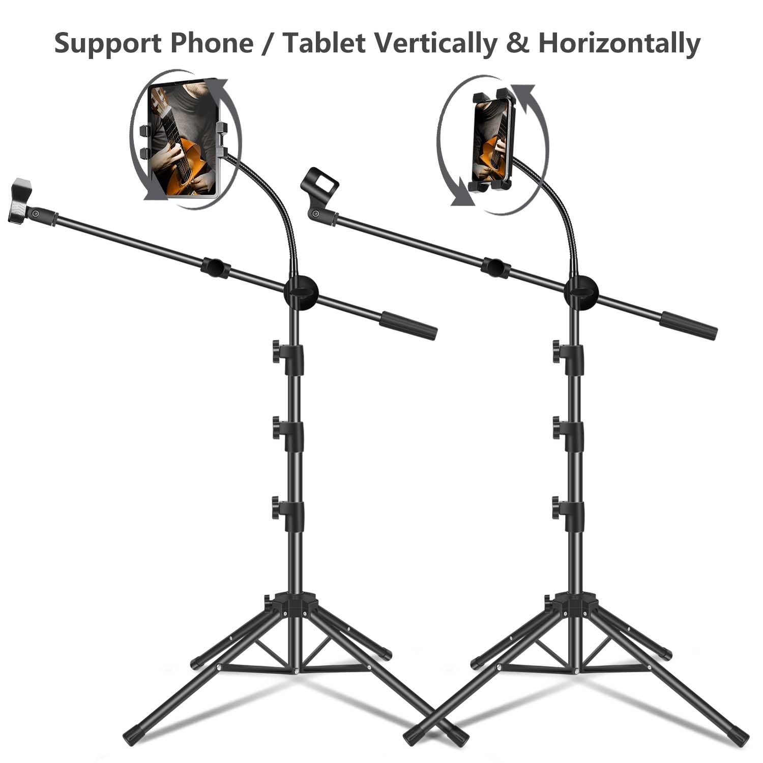 Boom Mic Stand with Tablet & Phone Holder Height Adjustable Four legged + 2Clips