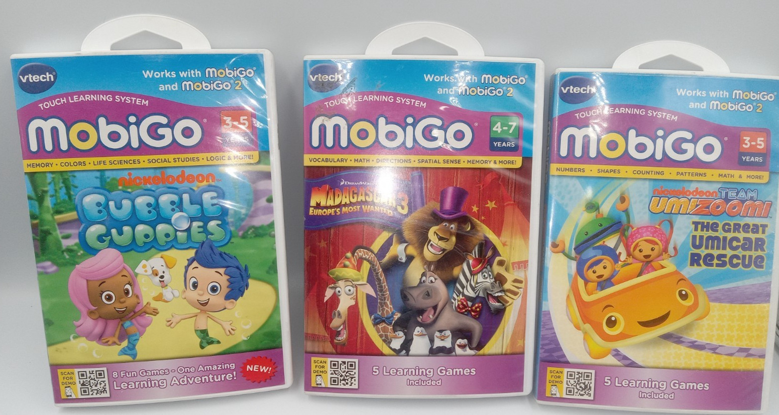 Lot Of 3 VTech MobiGo Game Cartridges Bubble Gup Umi Madagascar Learning System