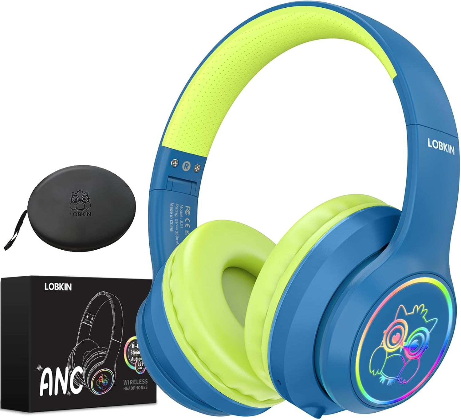 LOBKIN Active Noise Cancelling Headphones for Kids with Case - RGB LED Light Up