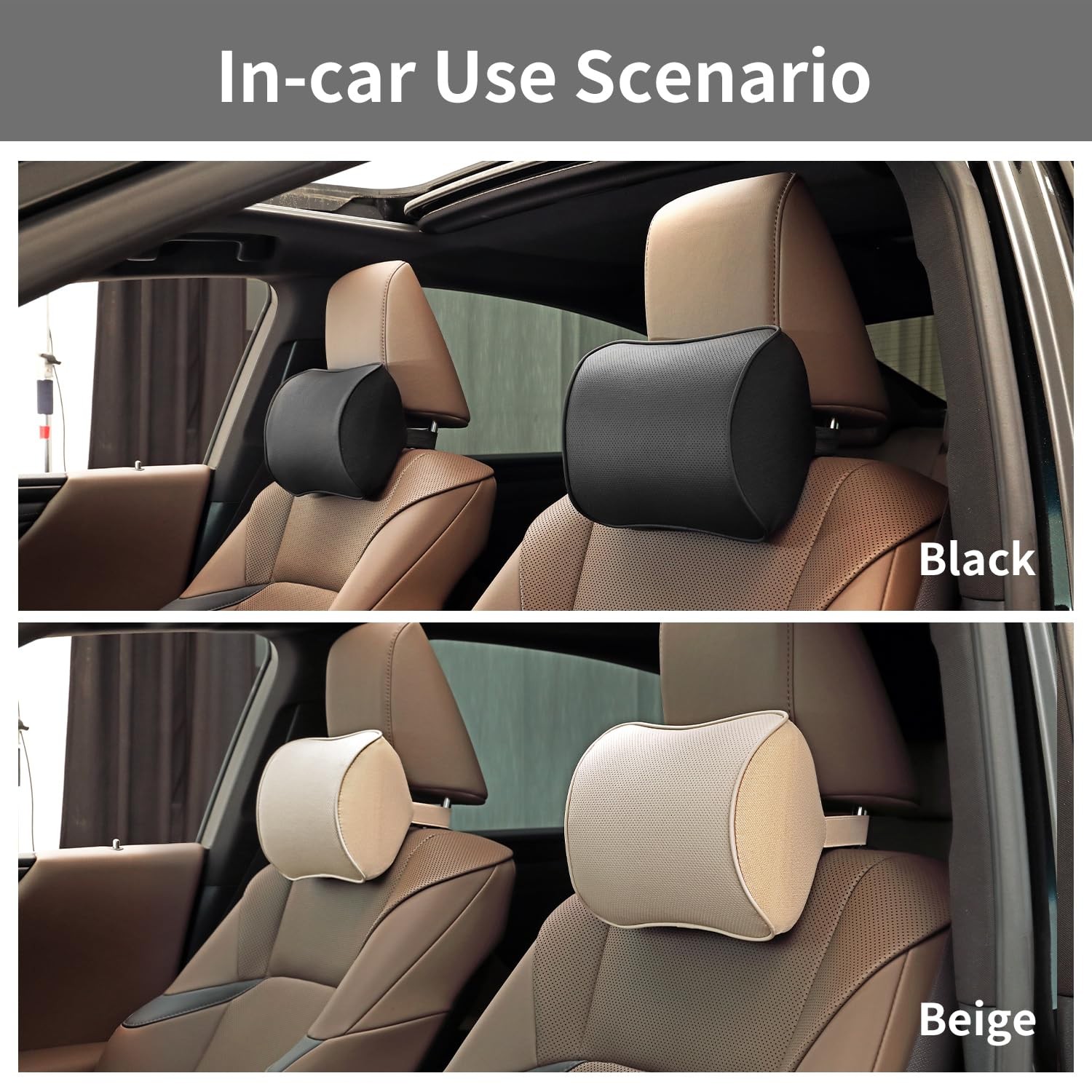Car Headrest Pillow Soft Memory Foam Beige with Adjustable Strap - Neck Support