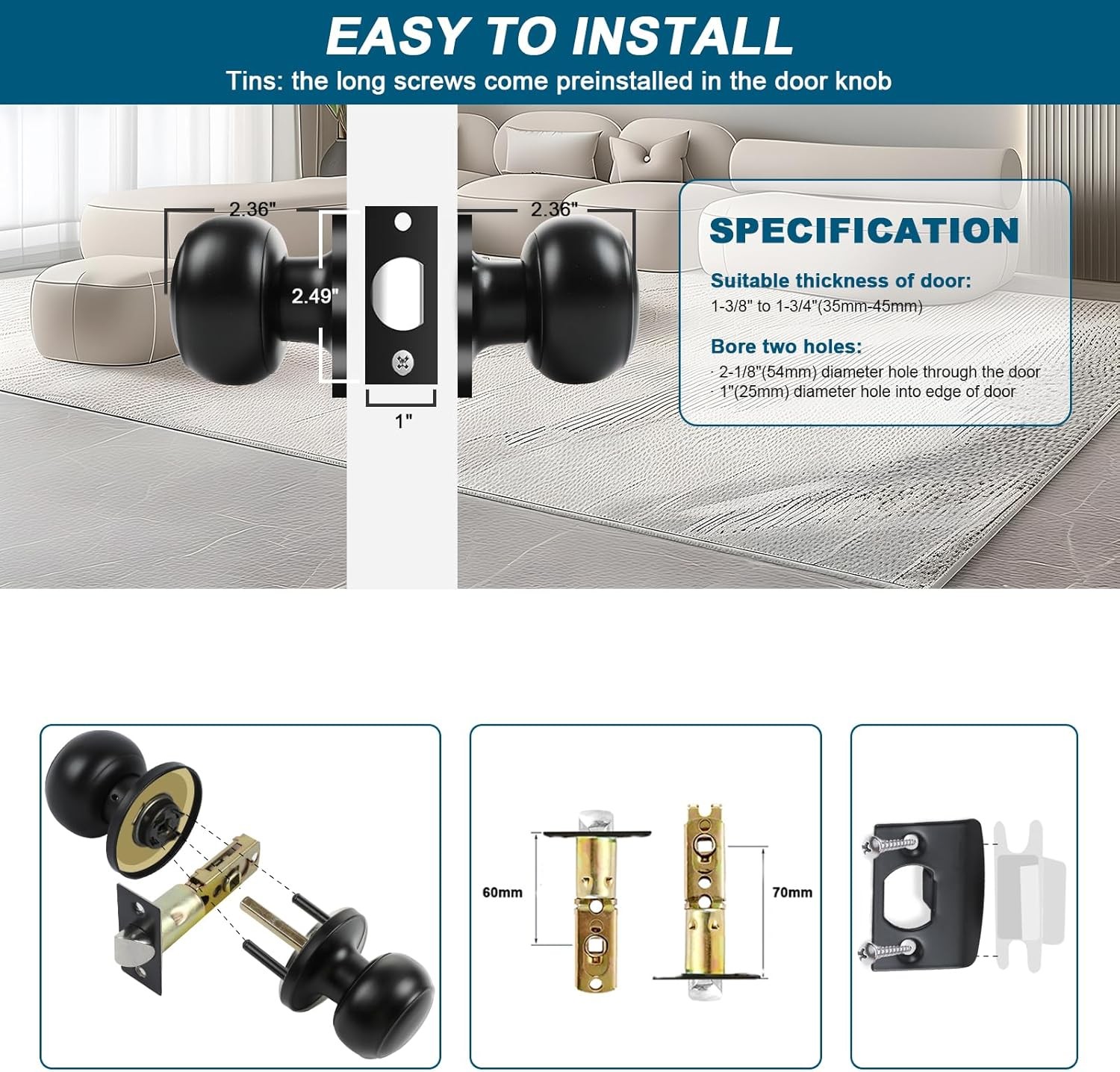 RAZCC 4-Pack Matte Black Passage Door Knobs, Interior Round Handles for Hallway/