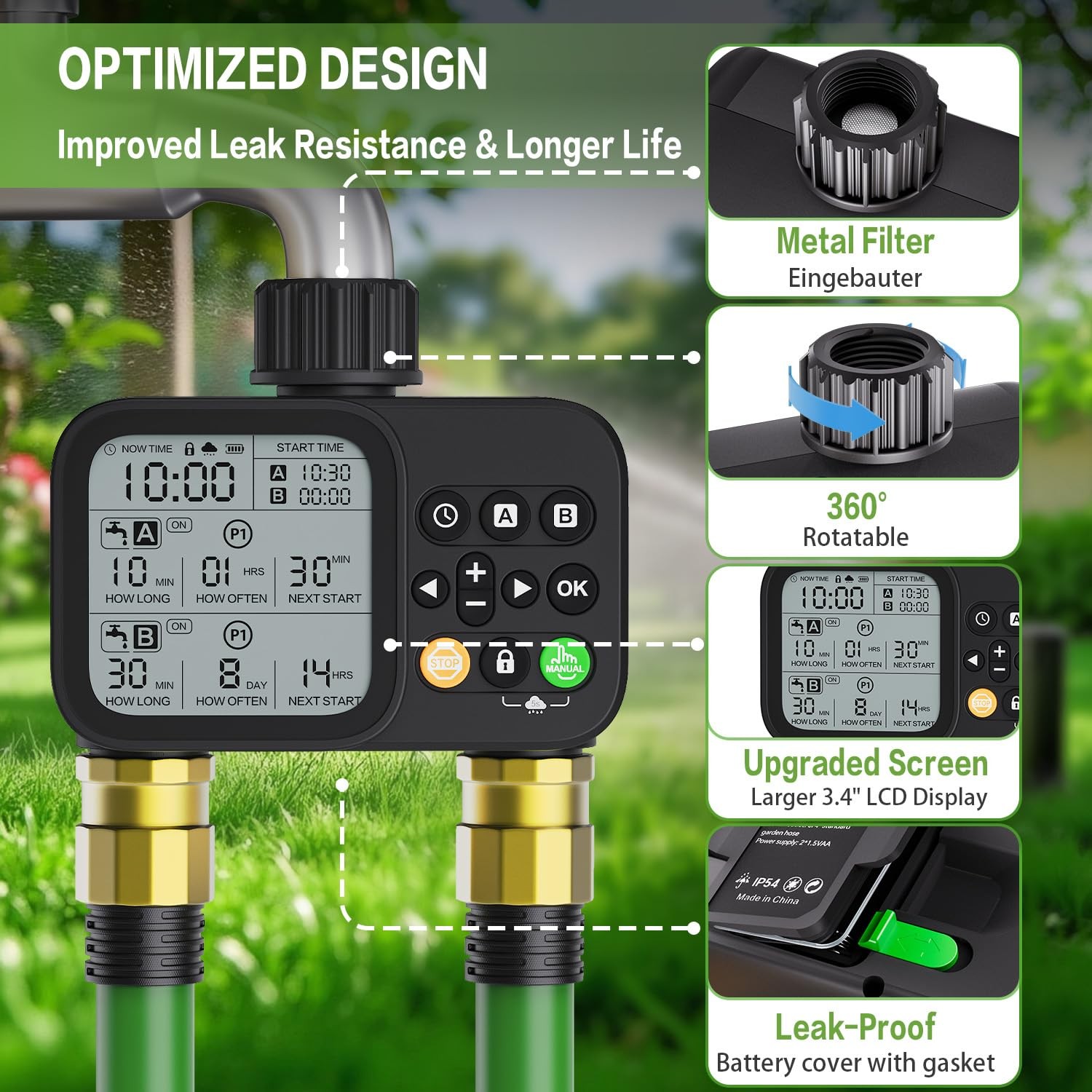 Programmable Dual Outlet Sprinkler Timer with Rain Delay for Garden Irrigation