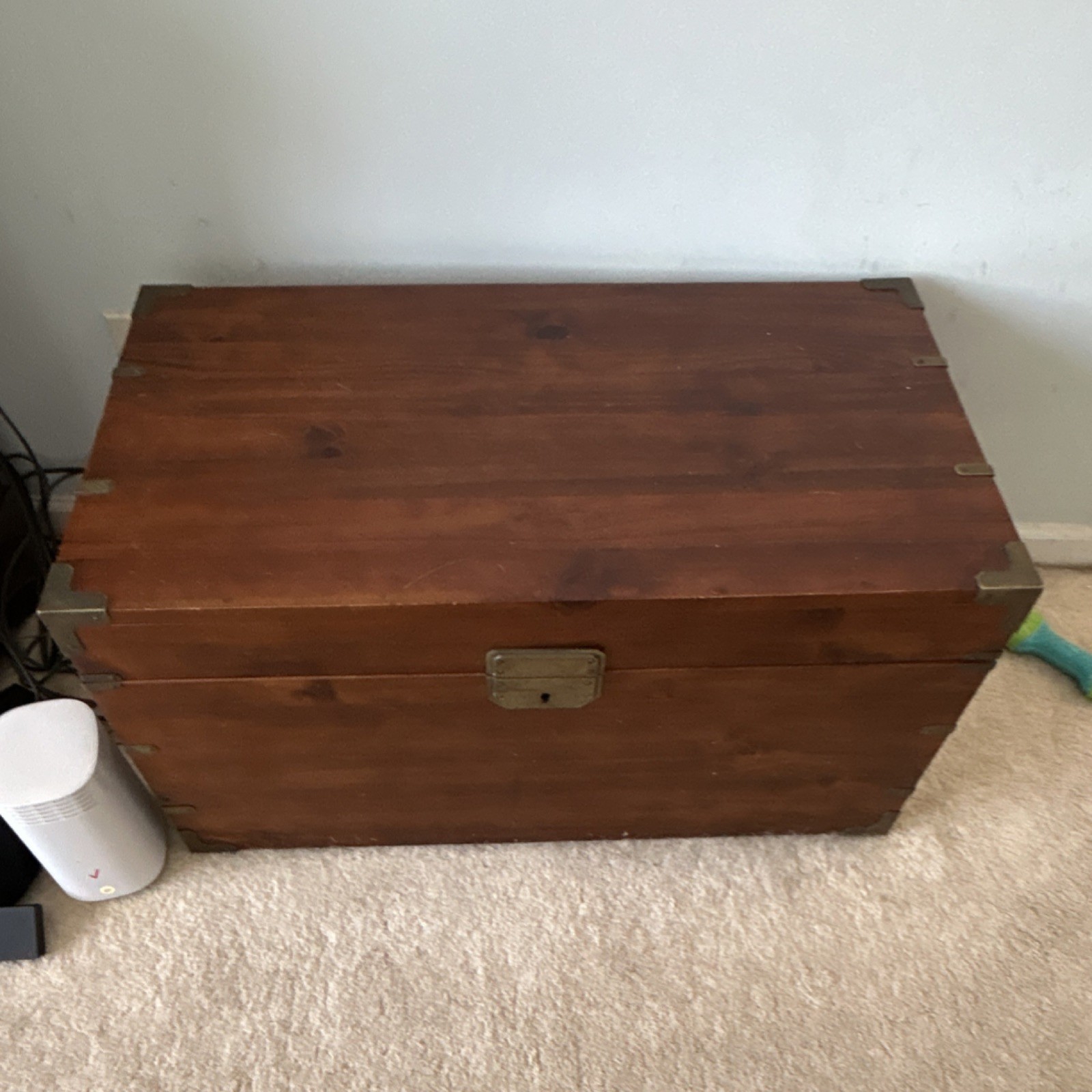 Brown Solid Wood Storage Chest with Brass Handles, Hinged Lid, Internal Tray