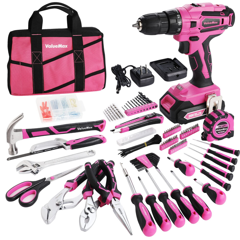 ValueMax 238PC Pink Tool Set Home Tool Kit 20V Cordless Drill Tool Set Drill Set