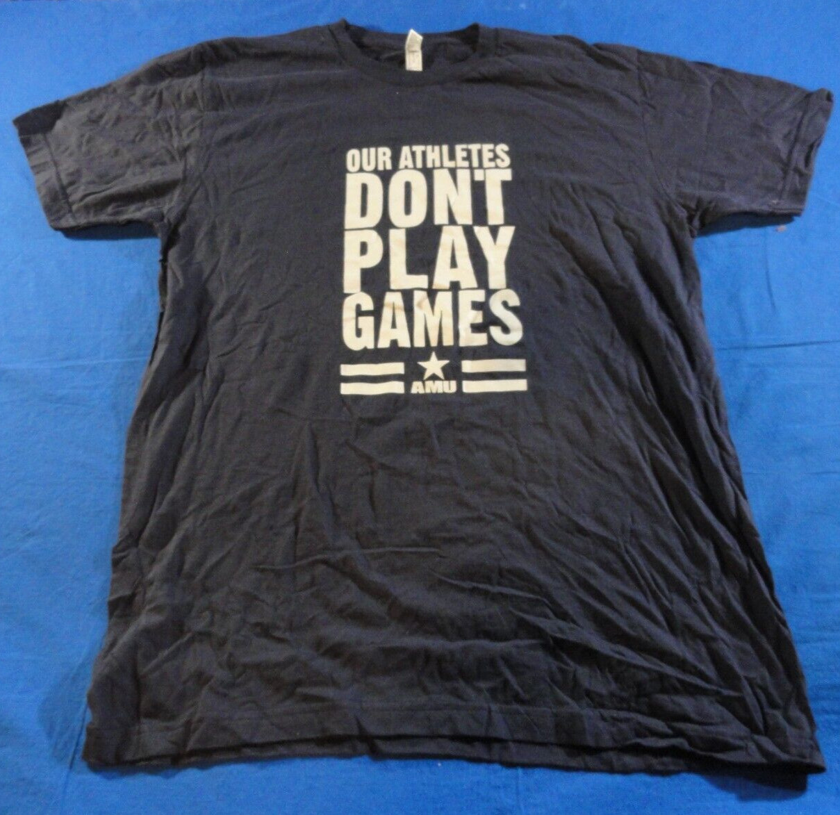 AMU AMERICAN MILITARY UNIVERSITY OUR ATHLETES DON'T PLAY GAMES BLUE T-SHIRT L