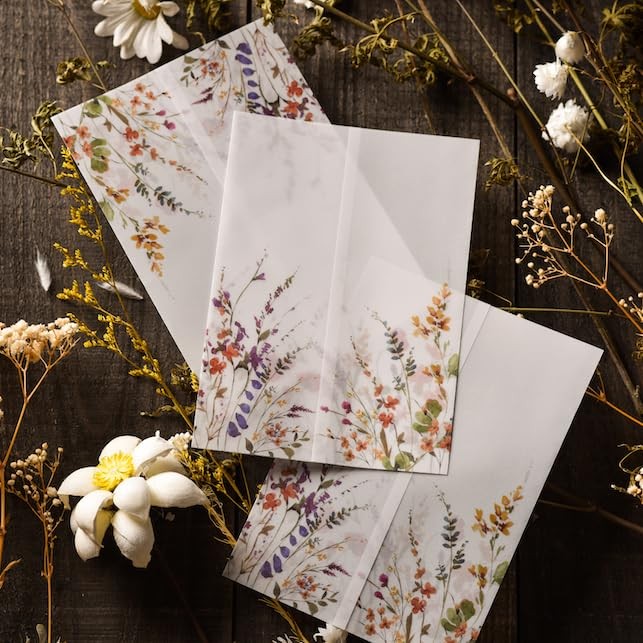 50 Pack Wildflower Printed Pre-Folded Vellum Jackets for 5x7 Invitations - 11...