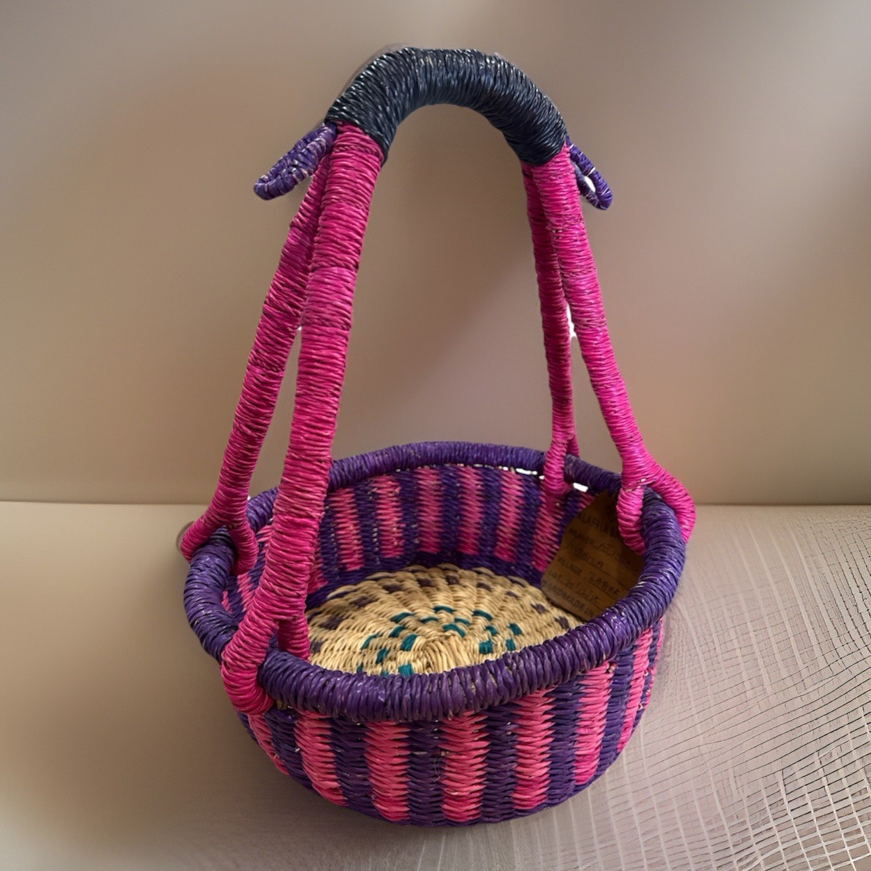 Alaffia Authentic African Handwoven Market Bolga Basket   Vintage Signed Ghana