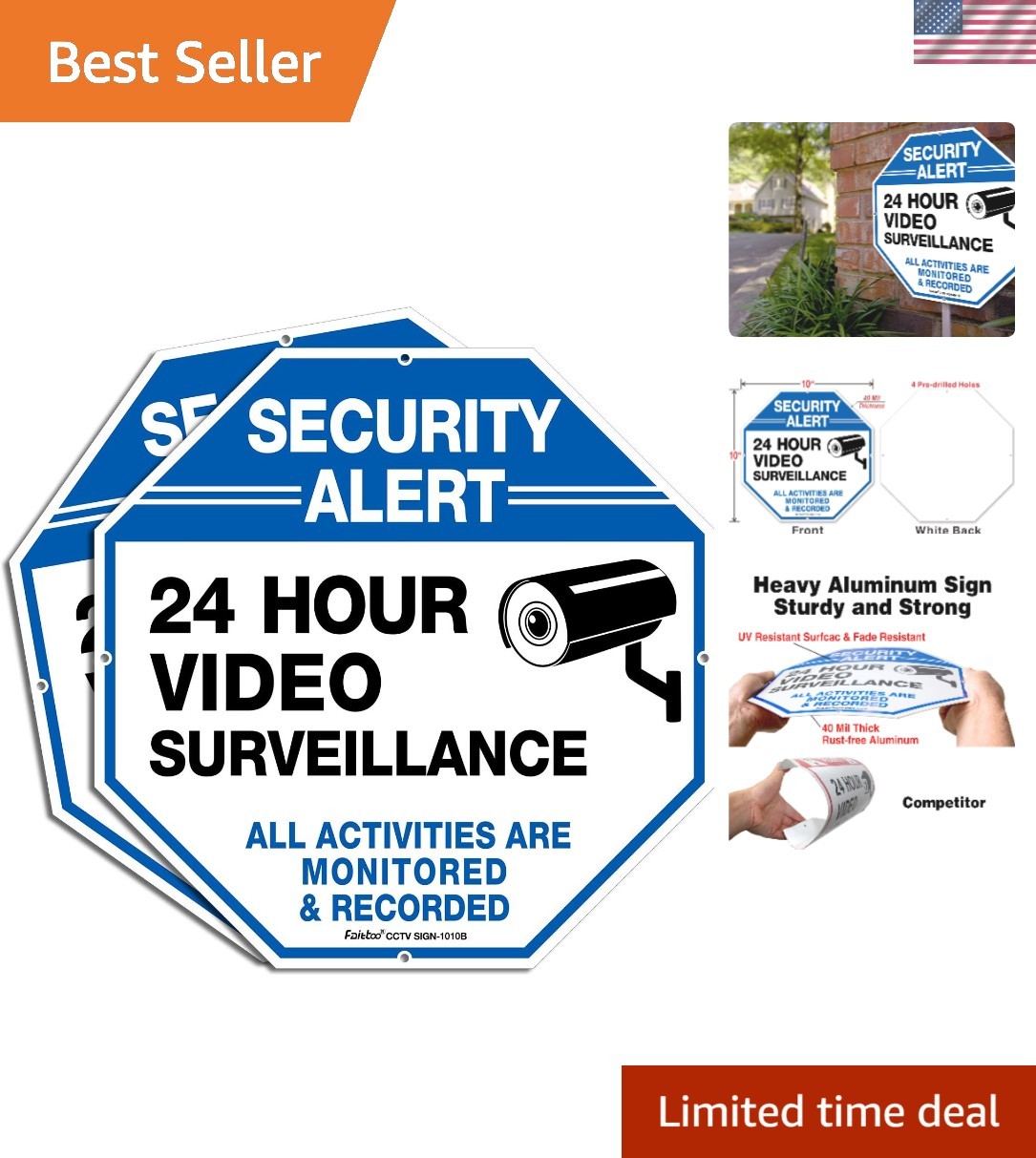 10x10 Security Warning Signs - 2 Pack Aluminum for Home & Business Security