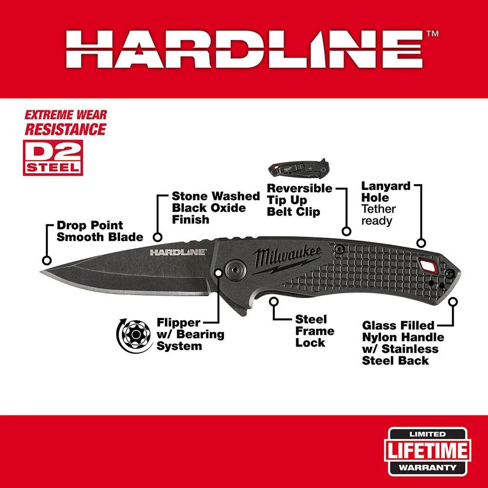 Milwaukee 2.5 In. Hardline Smooth Drop Point Blade Pocket Knife