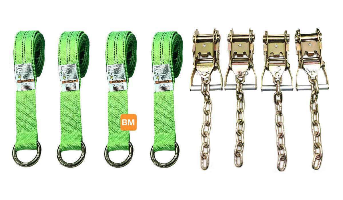 4-Pack 2" CHAIN RATCHETS & 12' Lasso Straps HI-VIS GREEN Diamond Weave STRAPS