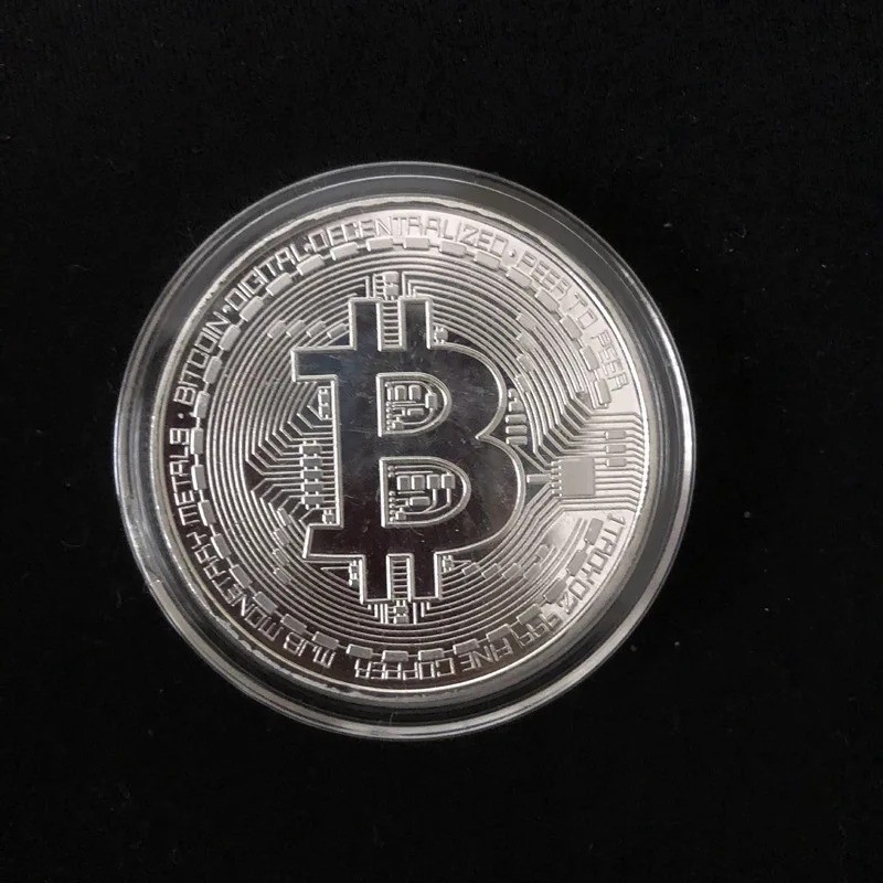 Silver Bitcoin Commemorative Collectible Coin with Case BTC Metal Souvenir, 1pc