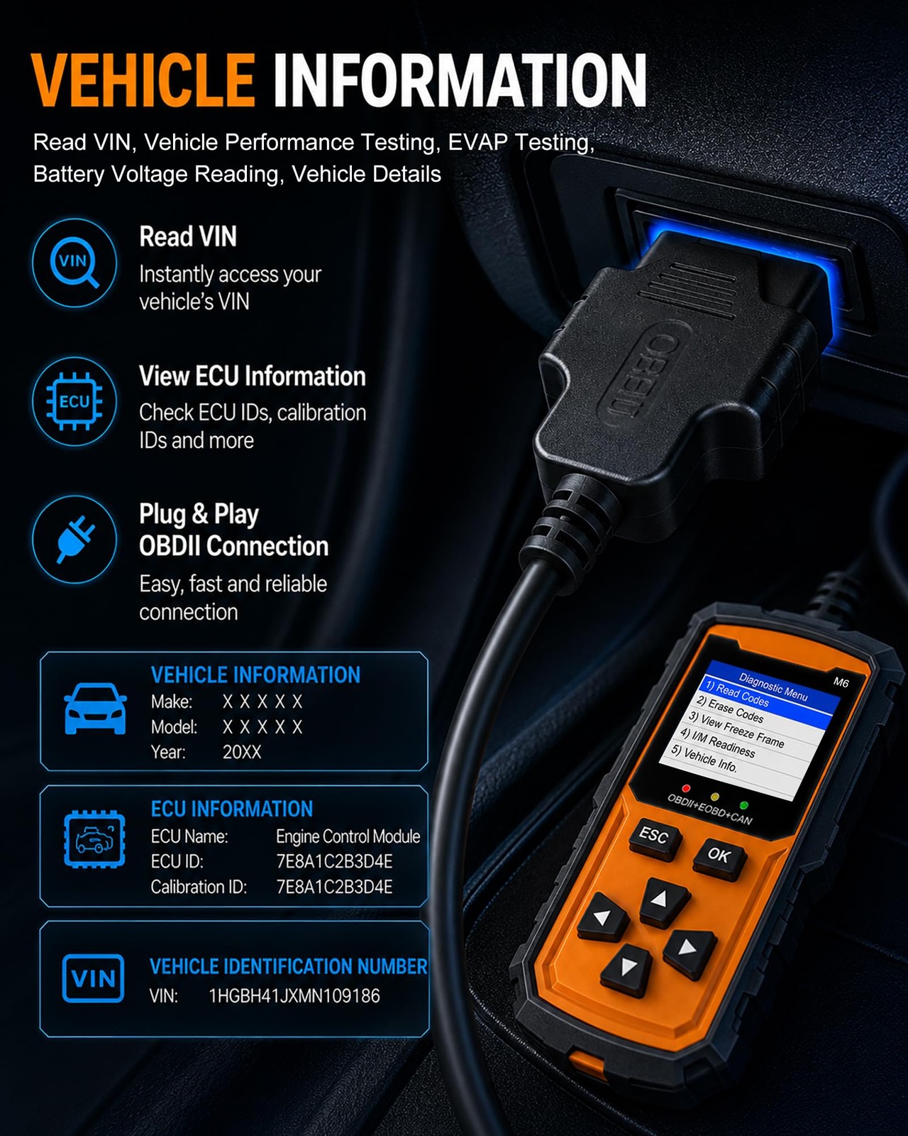 Vecooneen OBD2 Scanner M6,Car OBDII Diagnostic Code Reader,with Orange